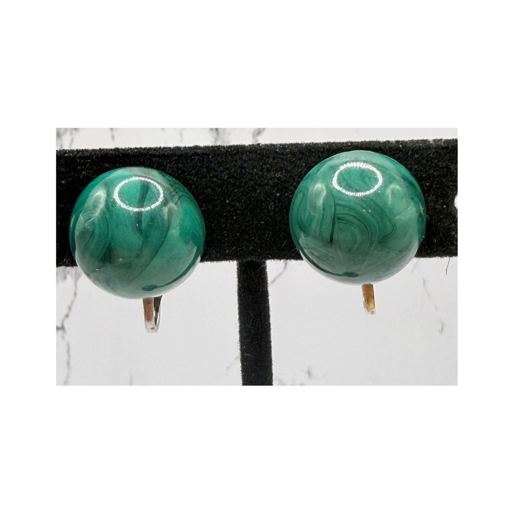 Vintage‎ Green Marble Swirl Clip On Earrings Silver Tone Malachite Look